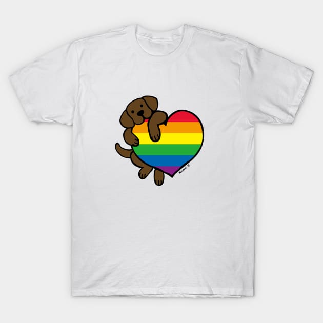 Chocolate Labrador Holding Rainbow Heart T-Shirt by HappyLabradors